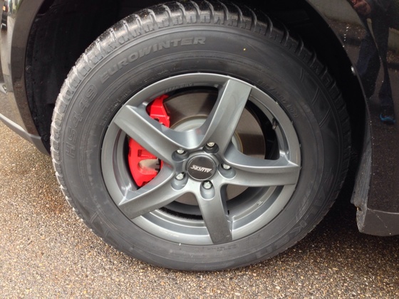 die lackierten Bremssättel hinter den Alutec-Graphit Felgen in 17"